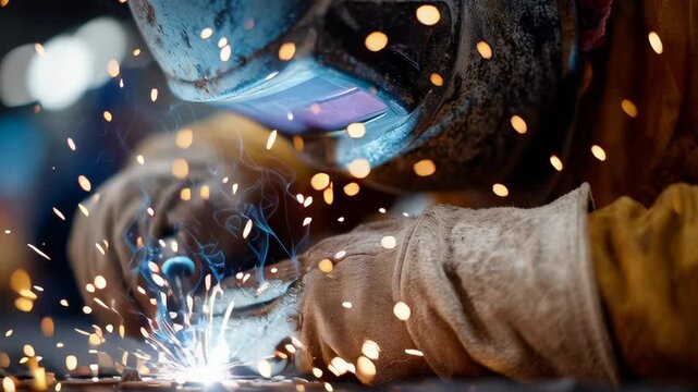 A man is wearing a welding mask and gloves while working on a piece of metal. Concept of hard work and dedication, as the man is focused on his task despite the sparks and heat surrounding him