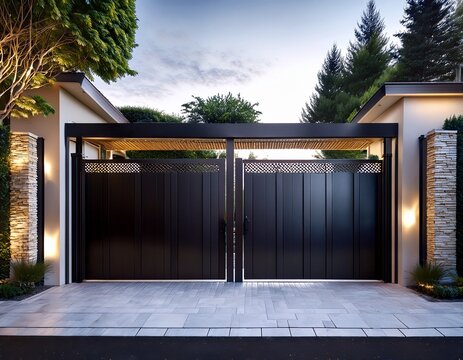 modern black sliding gate with intricate laser cut top panel enhancing a luxury residence