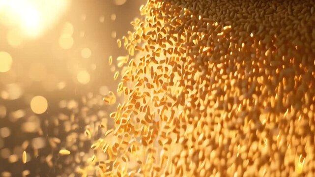 Golden grains of wheat pouring in slow motion in a sunny agricultural background. Beautiful bokeh and sunlight flare highlight the quality of the harvest, symbolizing abundance and prosperity