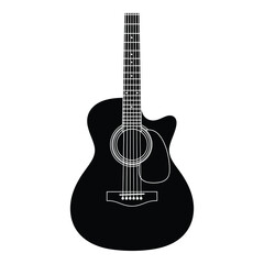 Obraz premium Black acoustic guitar silhouette with white outline and cutaway black guitar musical instrument desi