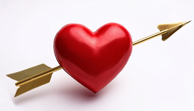 heart pierced by golden arrow isolated on white background
