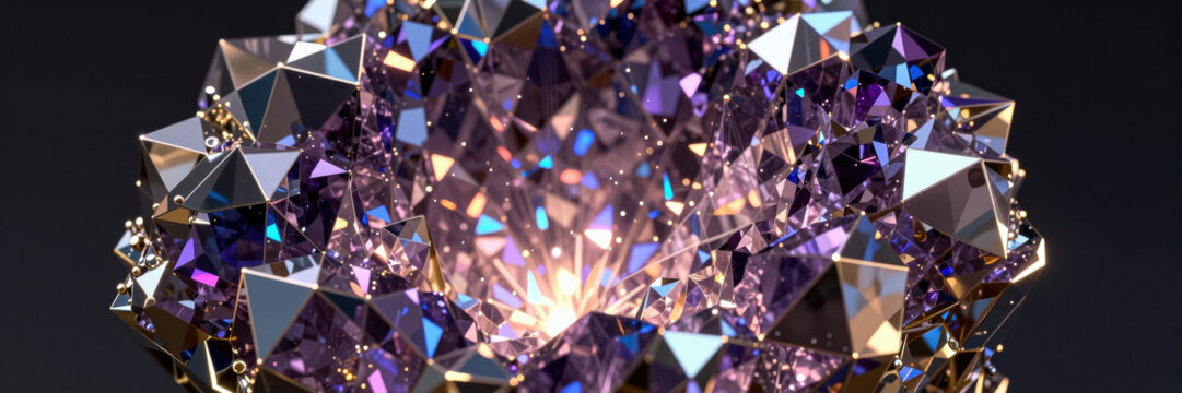 Intricate purple crystal flower with golden accents on a dark background