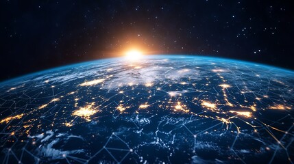 Obraz premium A stunning view of the Earth from space with a bright sun rising over the horizon and city lights shining at night