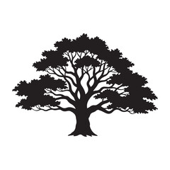 Fototapeta premium Black vector silhouette of a large oak tree with dense foliage and strong branches, isolated on Transparent Background