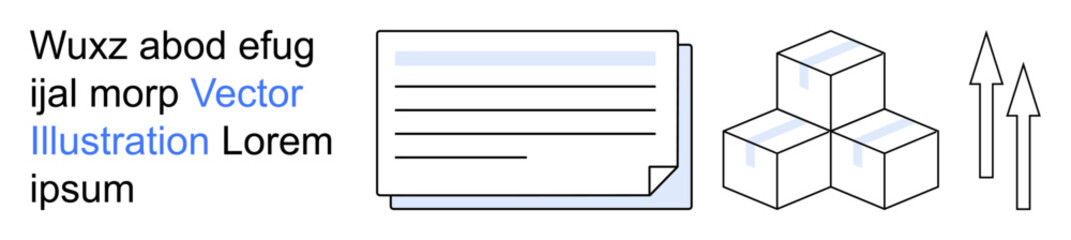 Fototapeta premium Data organization, workflow automation, business analytics, productivity, process optimization, growth strategy. Visual features include documents, cubes and upward arrows. Workflow automation