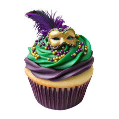 mardi gras cupcake with mask and festive decorations