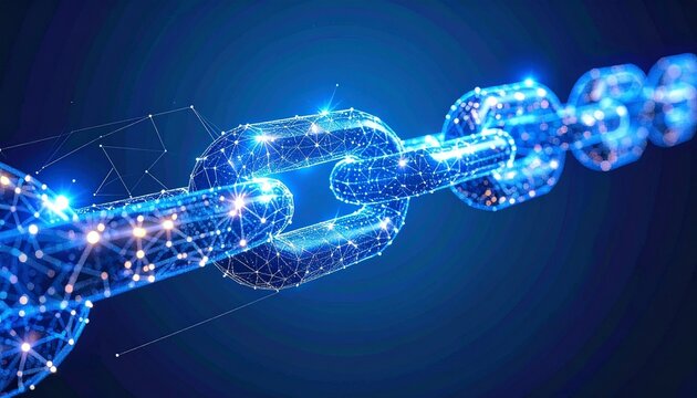Glowing blue wireframe chain links with digital particles