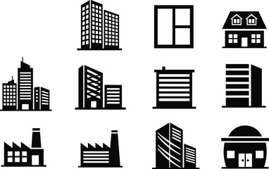 Modern building icons set, black architectural silhouettes, skyscraper and apartment symbols, factory and residential house shapes, urban city skyline vector illustration design elements ©  Creative Crafter