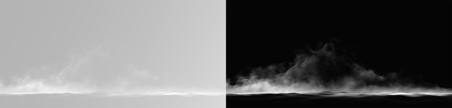 The image depicts various atmospheric phenomena such as fog, smoke, mist, and steam. Realistic white cloud or smoke. White fog or smoke on transparent background. PNG image 