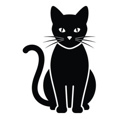 Black cat silhouette sitting upright with white collar and tail curl sitting cat upright cat