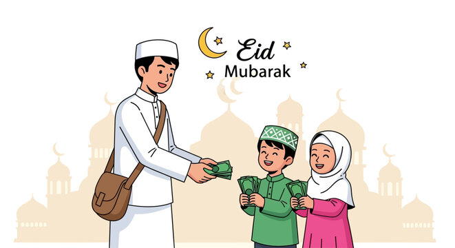 Man giving money to children on Eid Mubarak celebration
