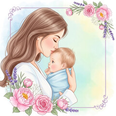 Watercolor Illustration of Mother Holding Baby with Floral Frame.