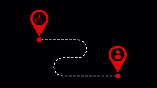 Animated Map Navigation Route Between Two Location Pins, City Destination and User Location, Dashed GPS Path, Transparent Background