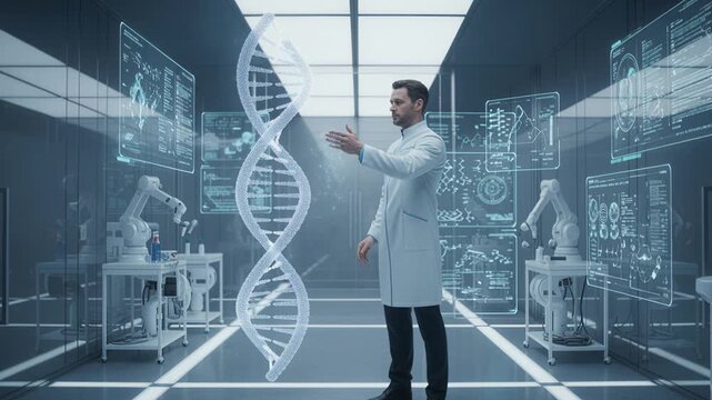 Male Researcher Controlling Holographic DNA In Robotics Lab