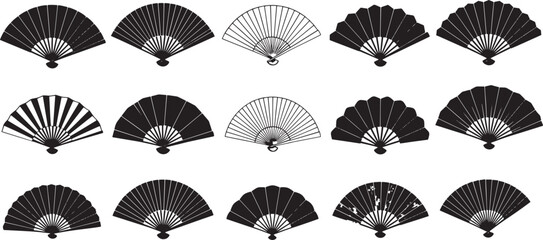A diverse collection of elegant traditional Japanese folding fans, showcasing intricate oriental handheld designs and classic patterns for cultural representation and decorative motifs