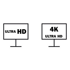 Fototapeta premium Black and white vector icon of two computer monitors side by side with text ULTRA HD and 4K ULTRA HD minimal line drawing display resolution technology comparison illustration