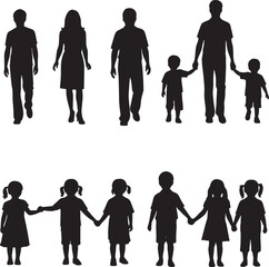 Silhouettes of families with children walking together, representing unity and togetherness, in black and white illustration