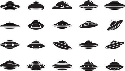 Diverse collection of mysterious flying saucer silhouettes, featuring various extraterrestrial spacecraft icons and futuristic UFO designs for science fiction themes and alien exploration concepts