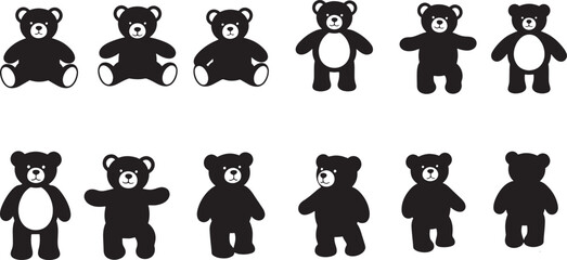 Set of 12 Silhouette Teddy Bear Illustrations, Diverse Poses and Expressions for Playful Design Elements