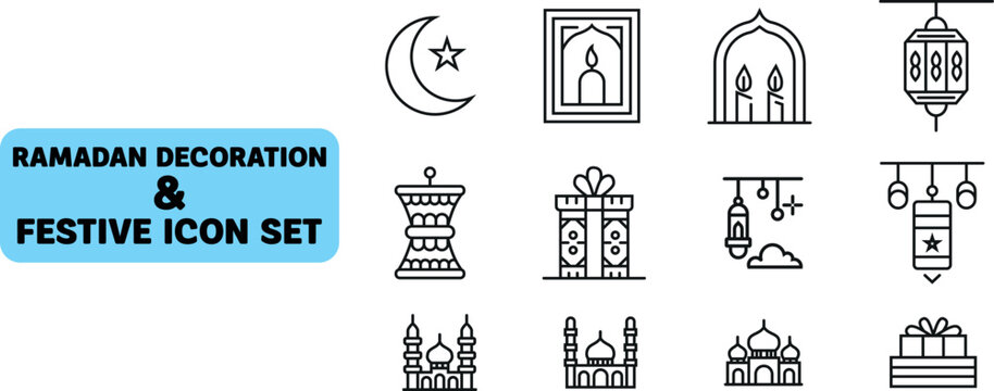 Ramadan & Festive Icon Set: a set of illustrations featuring various cultural and religious symbols, each exuding the essence of the Ramadan period. 