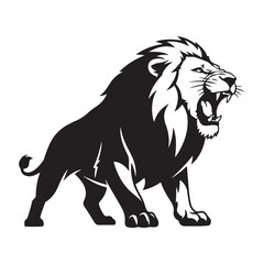 Obraz premium Roaring black lion vector illustration with detailed mane and open mouth, aggressive wild animal graphic isolated on Transparent Background