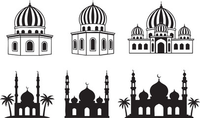 Black and white illustrations of various mosques and palm trees © MR JOKER