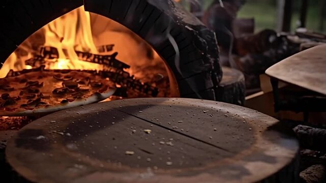 Mushroom pizza being slid on a wooden peel into a rustic outdoor wood fired oven, flames glowing as the chef bakes the handmade dough for authentic italian flavor
