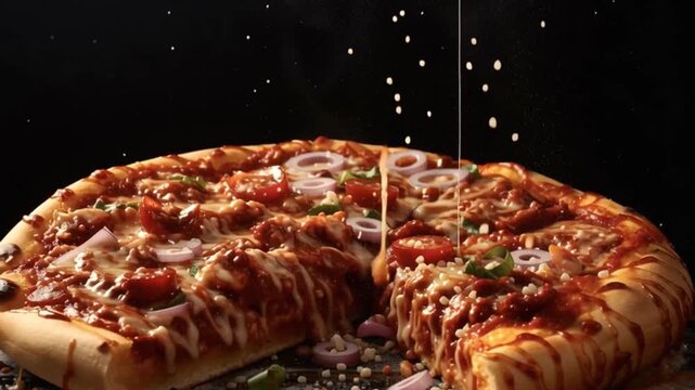 Appetizing hot pizza on a dark background with a slice being pulled away, creating a spectacular cheese pull with melted mozzarella stretching and dripping, showcasing the fresh tasty ingredients
