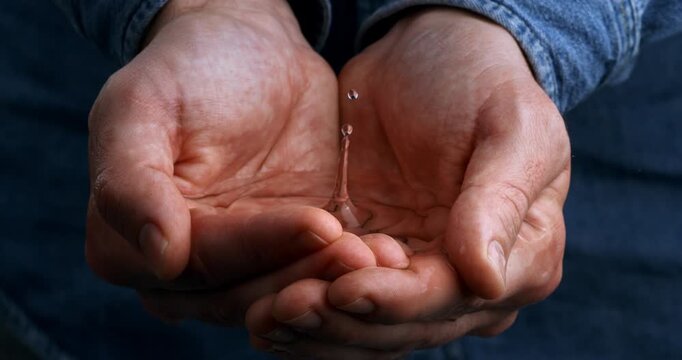  Slow Motion Clear Water Droplets Falling Into Open Human Hands On Black Background