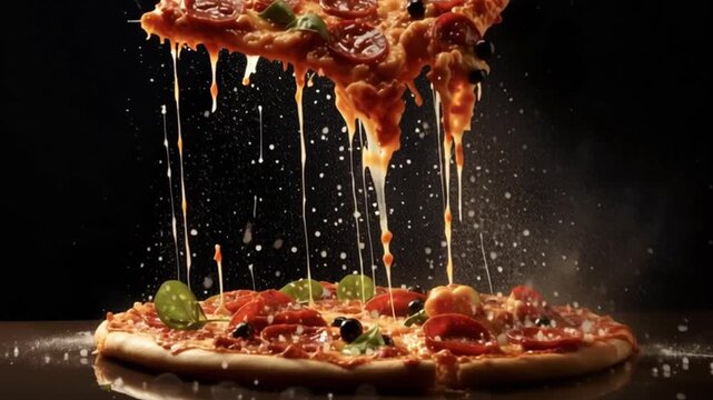 Appetizing pepperoni pizza with a slice being lifted up, showcasing long strings of melting mozzarella cheese and falling ingredients against a dark background in a dramatic food presentation