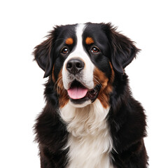 Bernese Mountain Dog Stands Against White Background With Relaxed Expression and Open Mouth
