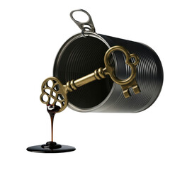Obraz premium A gold key pouring oil from a can isolated on transparent background