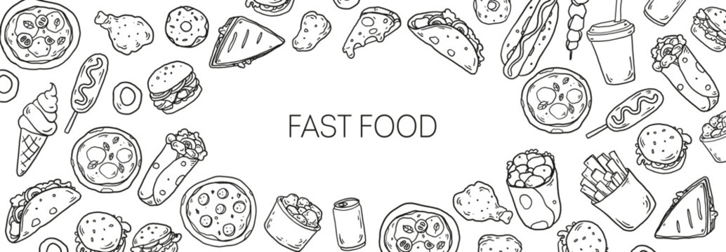 Fast food sketch frame . Whimsical food doodles, Hand drawn vector illustration for menu, packaging design. Food quirky icons, simple sketch style.	