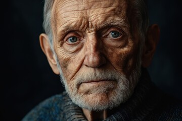 Fototapeta premium Elderly man with deep wrinkles looking thoughtfully into the camera in a dark setting