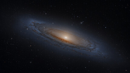 Obraz premium Ultra-wide deep space view of a bright spiral galaxy centered in frame, glowing golden-white core with strong radial luminance, clearly defined swirling spiral arms with dusty blue