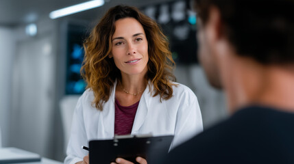 Fototapeta premium doctor and patient consultation in clinic, female doctor in white coat reviewing notes and pointing to clipboard while patient in casual shirt listens and writes, modern medical of