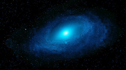 Fototapeta premium Wide deep-space background featuring a luminous blue spiral galaxy slightly off-center, bright cyan-white core with a smooth glow gradient, clearly visible spiral arms made of coun