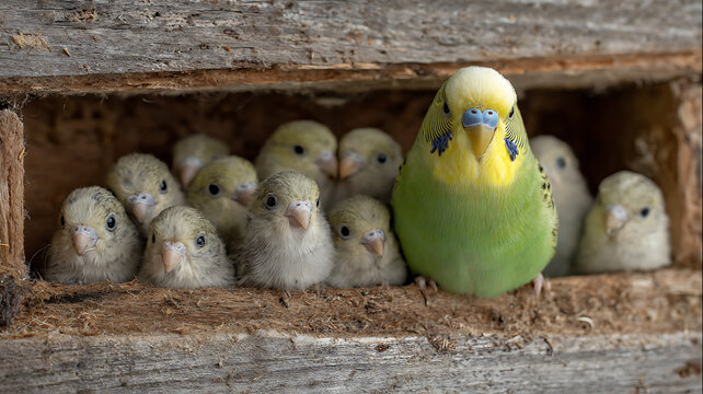 A green and yellow parakeet standing with its baby birds in a wooden nest