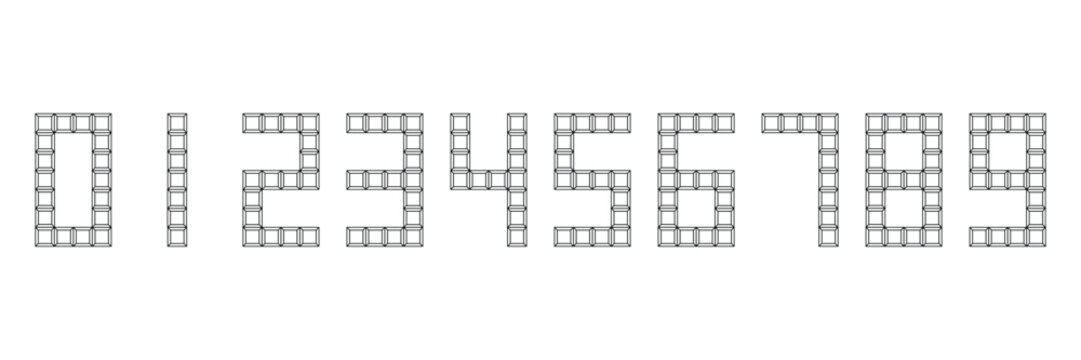 Pixel style numbers set from zero to nine made of square blocks, digital retro font vector.