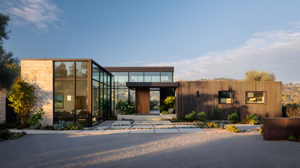 Fototapeta premium Modern house design with large windows and greenery in a sunny setting in a suburban neighborhood