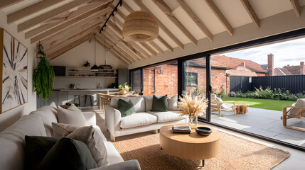 Fototapeta premium Modern living room with open space design and large windows in a house located in a quiet neighborhood during daylight