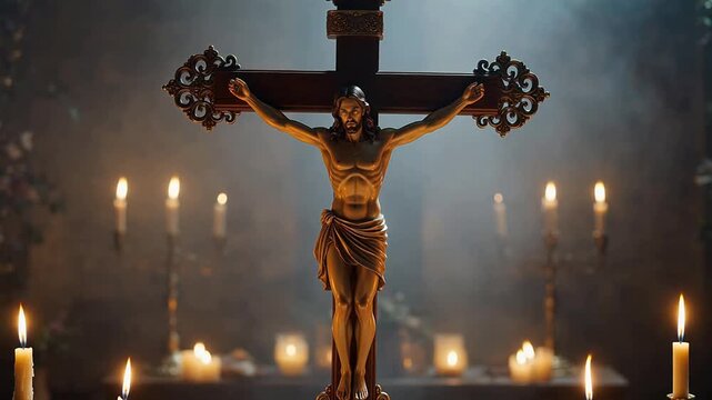Religious crucifix statue with candles