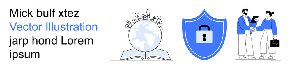 Education, global awareness, cybersecurity, business collaboration, digital safety, professional growth. A globe with a book, a shield with a lock and professionals shaking hands. Education
