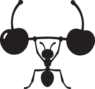 Strong ant lifting cherry barbell illustration on transparent background vector workout fitness sign