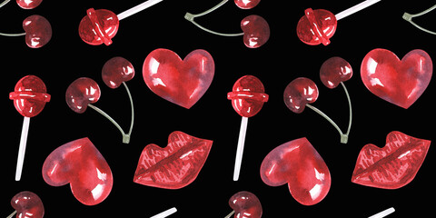 Valentines day red seamless pattern isolated on white background. hand drawn watercolour elements. Lollipop, lips, cherry, heart. Clipart for textile, digital paper, wallpaper, notebook