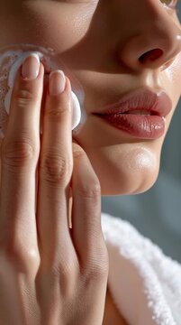 Primer plano de una mujer aplicando espuma limpiadora en su rostro.