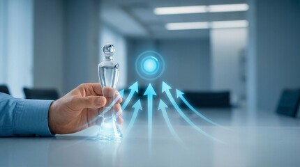 Businessman holding chess piece with glowing blue arrows in modern office