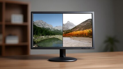 Fototapeta premium Dual landscape comparison on a computer monitor showing seasons summer and autumn