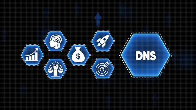 Domain Name System DNS concept with icons for growth, brain, money, justice, target and rocket internet