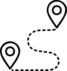 GPS navigation route line art icon, map pin locations with dashed path line, minimalist travel and logistics vector illustration